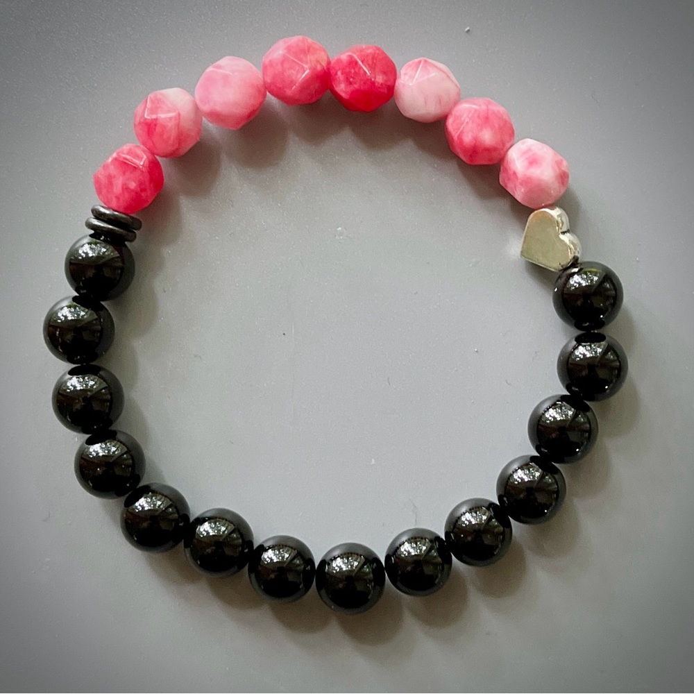 Bright Pink Rhodochrosite and Black Onyx Handcrafted Bead Bracelet